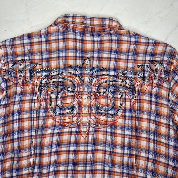 Ariat Blue Orange Plaid Embroidered Back Long Sleeve Button Down Shirt Size L - Picture 6 of 7